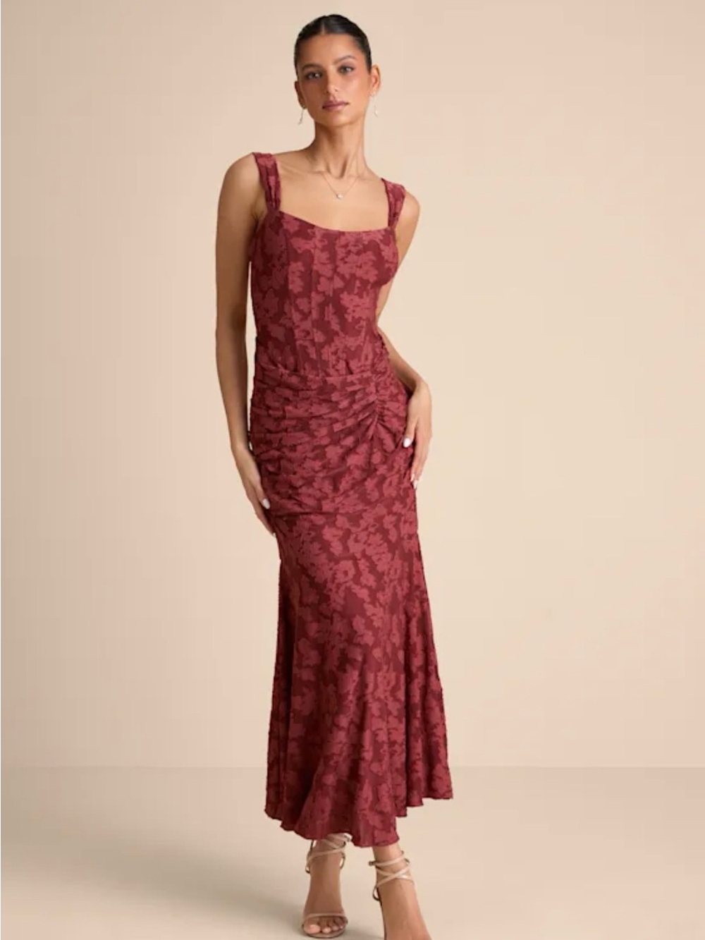Celeste Rust Red Floral Burnout Bustier Maxi Dress